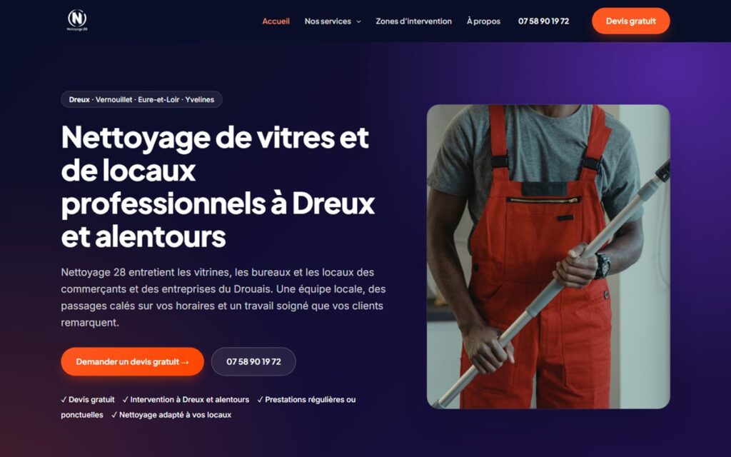 Page d'accueil du site Nettoyage 28 réalisé par LTD DIGICOM, affichée sur ordinateur